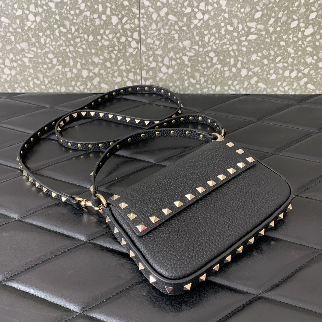 Valentino Garavani Rockstud Small Shoulder Bag in Black Grainy Calfskin